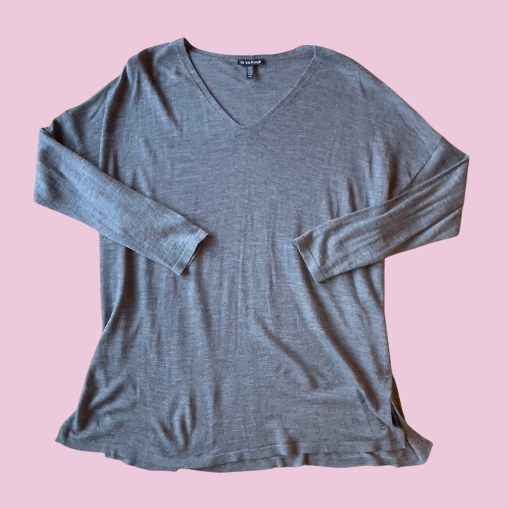 Eileen Fisher merino wool gray v-neck lightweight oversized sweater Large
